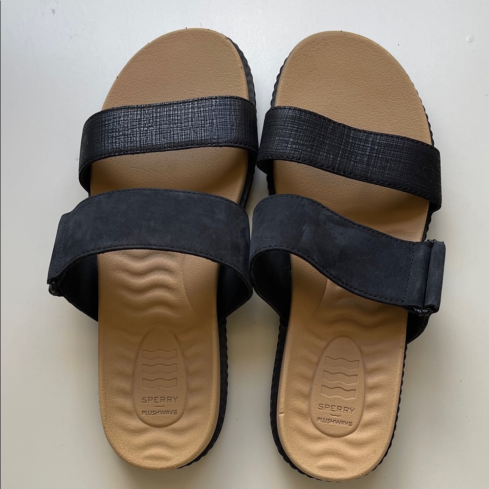 Sperry Women’s Black Slide Sandals with Tan Footbed